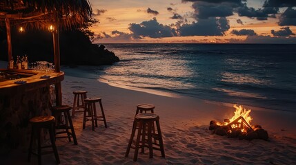 Serenity at a Small Private Beach Bar During Sunset with Fire Pit