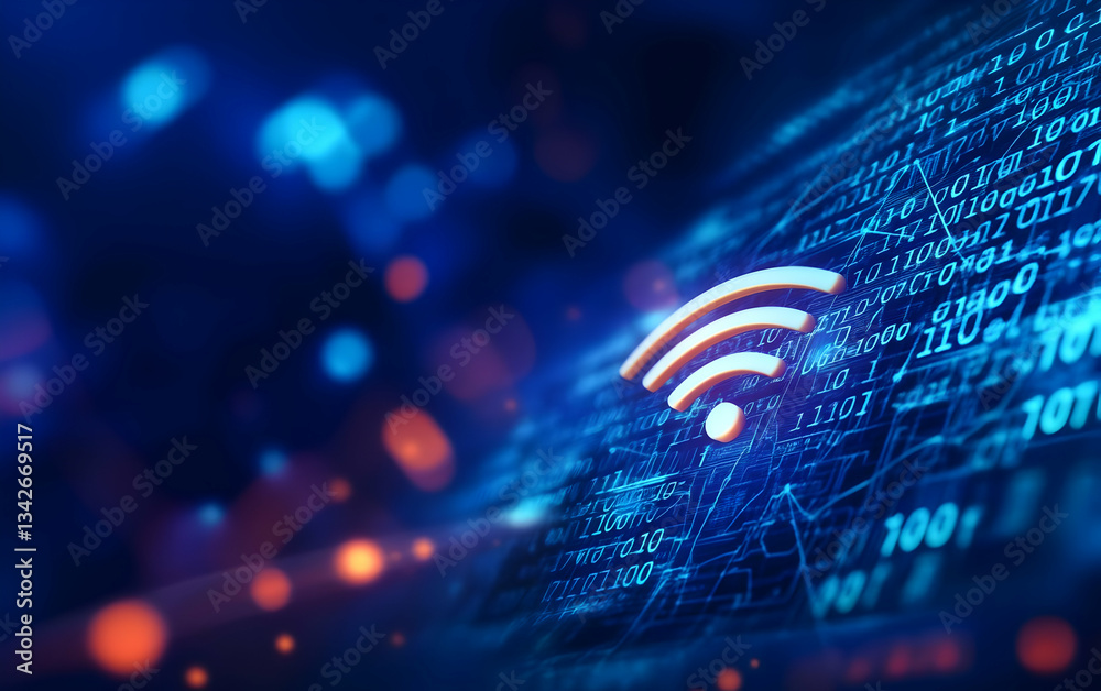 Poster a modern digital background featuring a glowing wifi symbol amidst binary code, representing connect