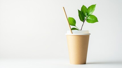 Obraz premium Eco-friendly disposable cup filled with vibrant green leaves, natural kraft paper lid, bamboo drinking straw, bright white background, environmental product photography, sustainable lifestyle
