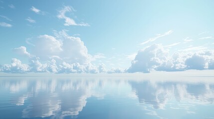 Obraz premium Serene Clouds Reflect on Calm Lake Surface in Bright Blue Sky