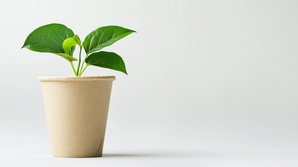 Fototapeta premium Green lifestyle product presentation, biodegradable cup filled with fresh leaves, earth-friendly drinking vessel, natural paper texture, botanical arrangement, clean white studio background, premium