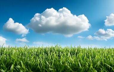 Fototapeta premium A vibrant green field under a bright blue sky with fluffy white clouds, representing the beauty of nature and a serene atmosphere.