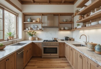 Fototapeta premium Modern kitchen design featuring natural wood elements cozy interior high-end appliances bright ambiance contemporary style