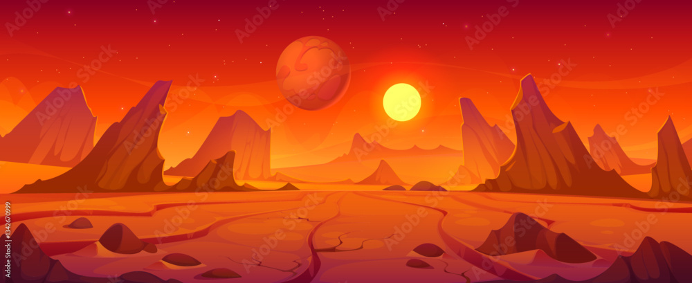 Poster mars red planet landscape, space and galaxy universe vector background, game ui. cartoon martian des