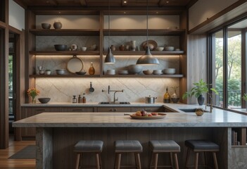 Elegant modern kitchen design home interior photography warm atmosphere eye-level view minimalist aesthetic