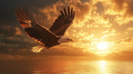 Obraz premium bald eagle flying over a lake in sunset time
