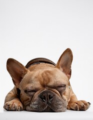Fototapeta premium ホワイトの無地の背景に丸くなって眠るフォーンカラーのフレンチブルドッグ、愛らしいシワとコンパクトな体が映えるシンプルなデザイン 