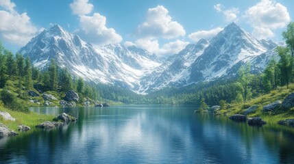 Fototapeta premium Serene Mountain Lake: A Breathtaking Vista