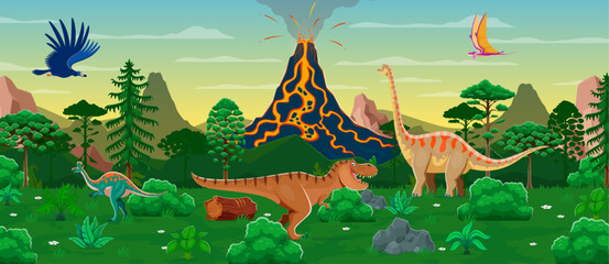 Prehistoric landscape with volcano and dinosaur characters vector background. Cartoon dino animals, reptiles and birds in jungle forest. Cute tyrannosaurus rex, dimorphodon, brachiosaurus, argentavis © Vector Tradition