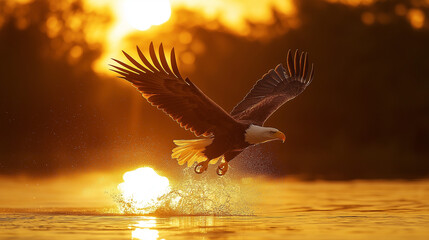 Obraz premium bald eagle flying over a lake in sunset time