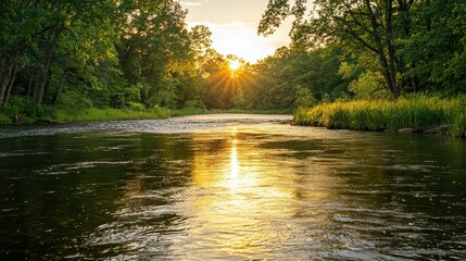 Obraz premium Golden Light of Sunset Reflecting Off Calm Water Surface