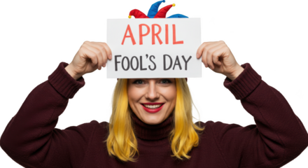 Happy Woman with Yellow Hair Holding April Fool s Day Sign