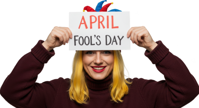 Happy Woman with Yellow Hair Holding April Fool s Day Sign