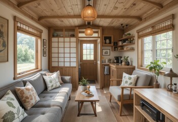 Fototapeta premium Cozy interior living space tiny house interior design rustic style warm atmosphere modern aesthetics
