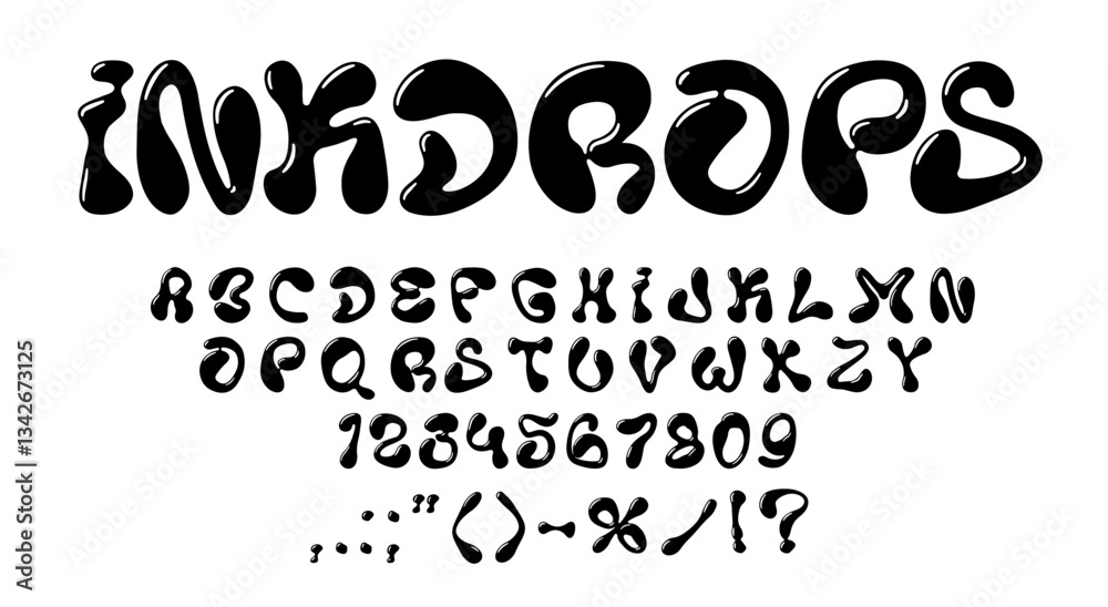 Poster liquid bubble font, y2k 3d letters typeface, funky wavy type, groovy english alphabet. vector typogr
