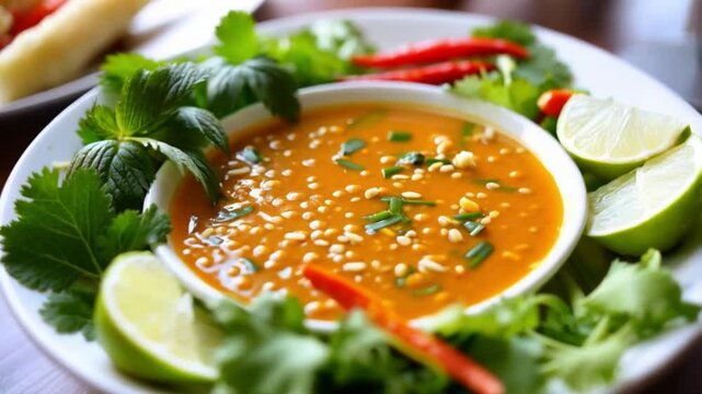 Bowl of nuoc cham dipping sauce with a vibrant orange hue, surrounded by fresh herbs, lime, and chopped chilies, authentic Vietnamese vibe
