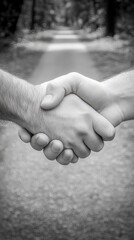 In a striking black and white photograph, two individuals engage in a firm handshake, symbolizing agreement and collaboration, with soft shadows enhancing their expressions and attire.