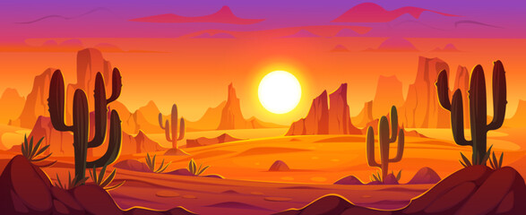 Cartoon Mexican desert landscape with cactuses and rock mountains, vector background. Mexican desert or Texas and Arizona canyon of Wild West prairie with mountain rocks and sun sunset in sky clouds © Vector Tradition