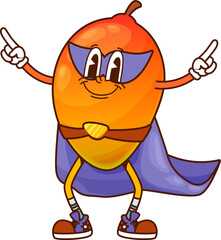 Groovy mango superhero or fruit super hero character mask and cape, cartoon vector. Funny groovy mango superhero with happy face and power mantle with smile and cool gesture for kids cartoon character