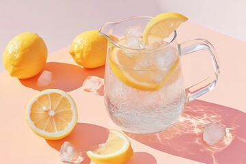 Refreshing Lemonade in Glass Pitcher with Fresh Lemons and Ice