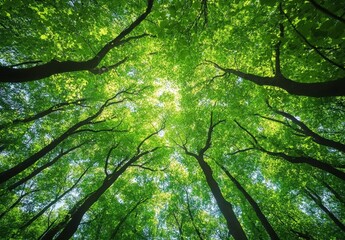 Fototapeta premium Lush Green Tree Canopy with Sunlight Filtering Through Leaves Creating a Peaceful and Tranquil Atmosphere in a Dense Forest