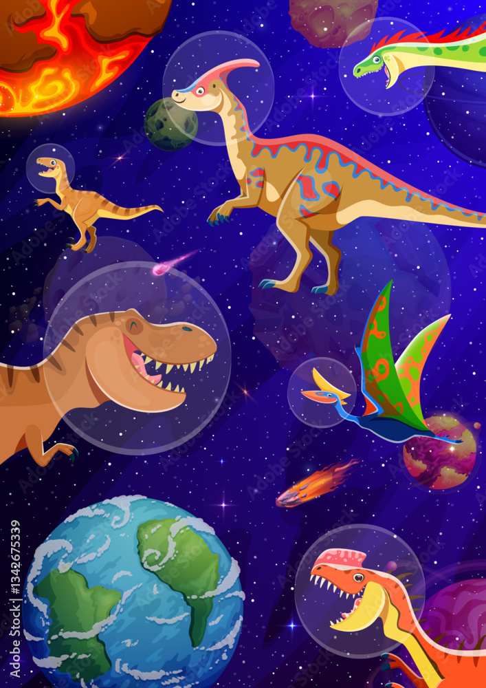 Poster cartoon dinosaur astronauts characters in outer space vector background. funny prehistoric tyrannosa
