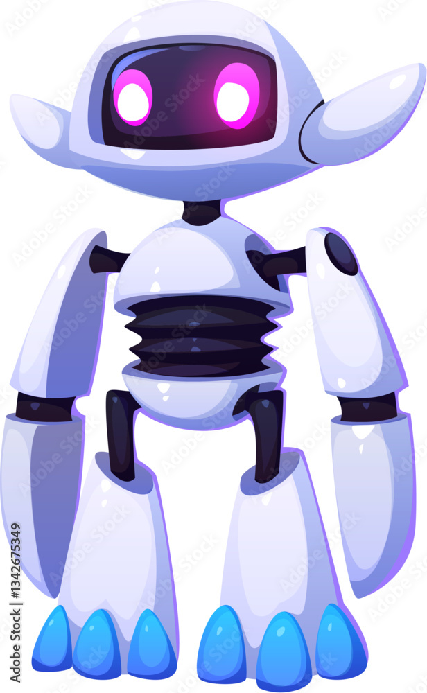 Poster cartoon futuristic robot and droid mascot character with a sleek white body and glowing pink eyes. v