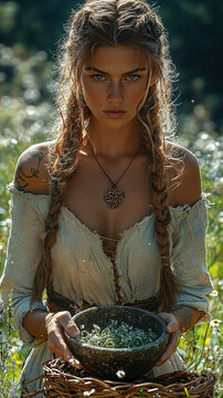 Female Viking Healer Preparing Herbal Remedies in Sunlit Meadow with Bronze Eir Pendant
