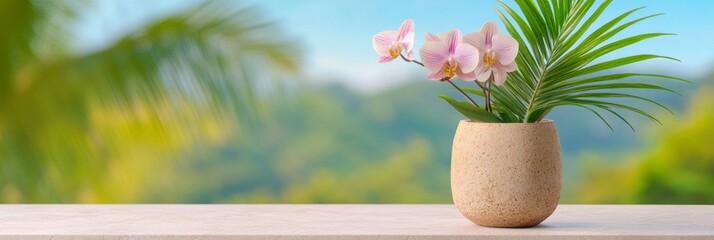 Tropical Wellness Escape Orchid Arrangement in Textured Stone Vase by Infinity Pool - Luxury Resort Marketing and Exotic Spa Retreat Content for Leisure Industry