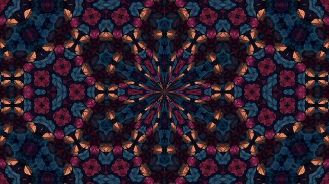 A vibrant kaleidoscopic pattern featuring floral and geometric designs in rich colors.