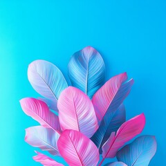 Fototapeta premium Vibrant Pink and Blue Tropical Leaves Against a Bright Cyan Background Perfect for Nature and Decor Themes