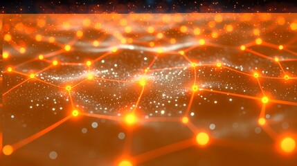 Abstract network connection graphic, futuristic technology concept, dark background with orange highlights