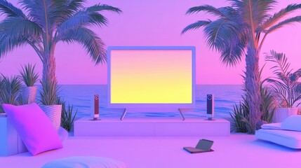 Fototapeta premium Serene Beachfront Lounge with Vibrant Sunset Illumination