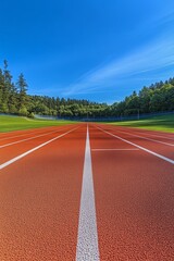 Vibrant Red Running Track Under Clear Blue Sky Surrounded by Lush Green Trees at Outdoor Sports Facility, Perfect for Athletic Activities and Training