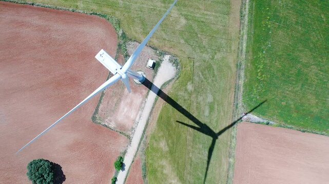 Aerial view of aeolian generators field in Castilla La Mancha, Spain.