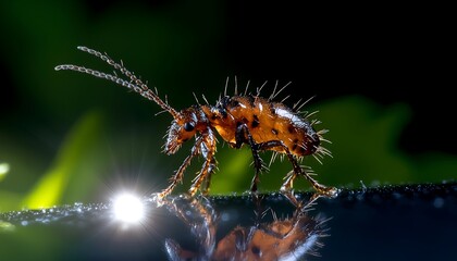 Obraz premium Spiny Beetle for Dewdrop Macro, Green Background.