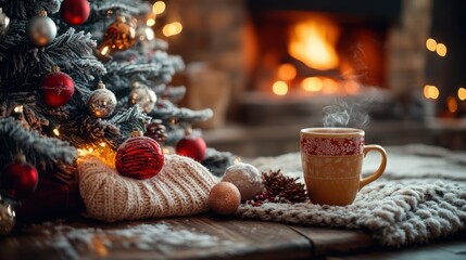 A cozy Christmas tableau, featuring a crackling fireplace, a snow-dusted pine tree laden with baubles and twinkling lights, and a steaming mug of spiced cider, evoking a sense of warmth and festive