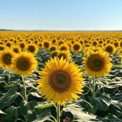 Obraz premium Vibrant Sunflower Field Under Clear Blue Sky with Lush Green Leaves and Bright Yellow Blooms on a Sunny Day in Rural Landscape