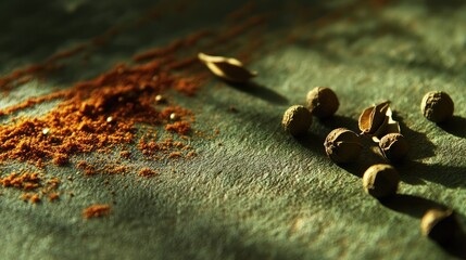 Obraz premium Exquisite spices and pods displayed on an olive green canvas with soft warm light