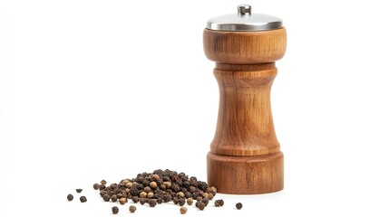  Wooden Pepper Mill with Stainless Steel Top, Perfect for Grinding Fresh Pepper to Enhance Meals, Isolated on White Background