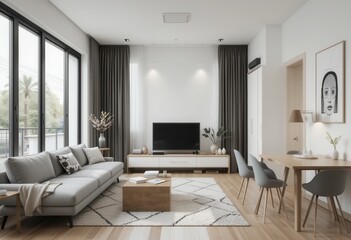 Fototapeta premium Modern living room design contemporary home interior decor urban environment bright viewpoint minimalist concept for seo impact