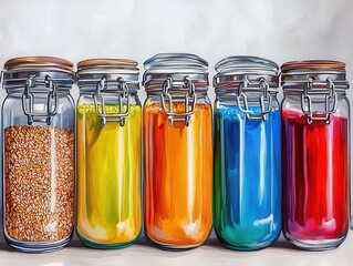 Vibrant sun-drenched kitchen featu gleaming glass canisters filled with colorful flour, wheat berries, and powdered spices