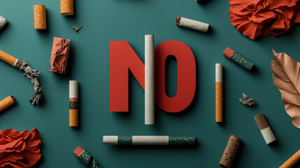 image features bold NO surrounded by various cigarette butts and crumpled paper on green background, symbolizing strong anti smoking message