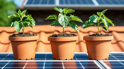 Three potted plants thriving on a solar panel rooftop, showcasing sustainability and green living in urban environments.