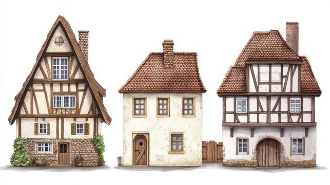 Charming german house designs with timbered architecture for historical village illustrations