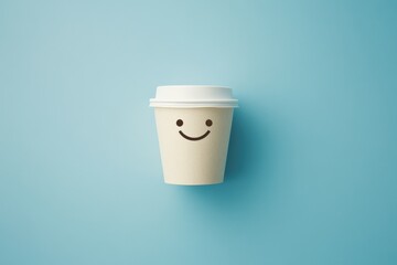 Happy coffee cup on blue background.