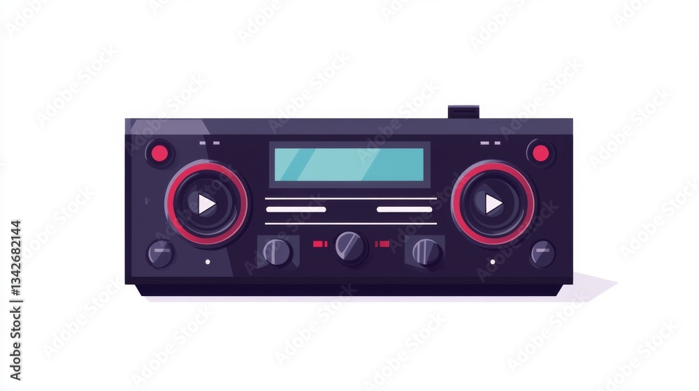 Wall mural retro audio player with buttons and display on white background