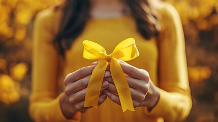 Woman wearing yellow dress holding yellow ribbon bow in golden autumn setting. Symbol of awareness and support for endometriosis warriors. Endometriosis Awareness Month advocacy concept