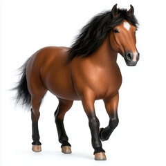 Obraz premium majestic brown horse with flowing black mane and tail stands against white background, exuding strength and grace. Its muscular build and attentive expression convey sense of power and elegance