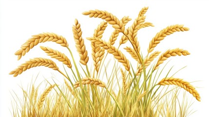 Golden wheat ears on white background for agricultural design and harvest themes